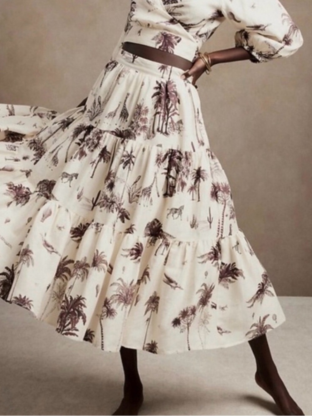 Banana Republic Linen Tiered Maxi Skirt in Cream with Safari Print